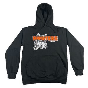 Hooters La Vista Hoodie Womens Small Black Pullover Sweatshirt Owl Logo